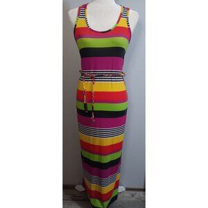 Dolce Donna Collection XL Y2K Retro Colorful Strip Vintage Bodycon Maxi Dress